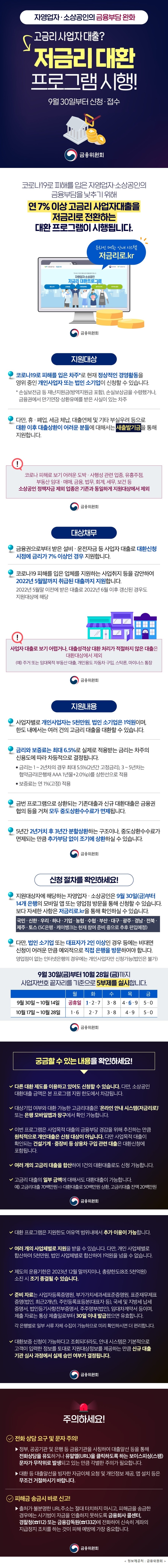 금융위원회 자영업자·소상공인의 금융부담 완화 고금리 사업자 대출? 저금리 대환 프로그램 시행! 9월 30일부터 신청·접수 코로나19로 피해를 입은 자영업자·소상공인의 금융부담을 낮추기 위해, 9월 30일부터 고금리 사업자 대출을 저금리로 대환하는 프로그램이 시행됩니다! 온라인 대환 안내 시스템: 저금리로.kr ○지원대상 - 코로나19로 피해를 입은 차주*로 현재 정상적인 경영활동을 하고있는 개인사업자 또는 법인 소기업이 신청할 수 있습니다. *손실보전금 등 재난지원금(방역지원금 포함), 손실보상금을 수령했거나, 금융권에서 만기연장·상환유예를 받은 사실이 있는 차추 -다만 휴·폐업, 세금 체납, 대출연체 및 기타 부실우려 등으로 대환 이후 대출상환이 어려운 분들에 대해서는 새출발기금을 통해 지원합니다. -코로나 피해로 보기 어려운 도박 · 사행성 관련 업종, 유흥주점, 부동산 임대 · 매매, 금융, 법무, 회계, 세무, 보건 등 소상공인 정책자금 제외 업종은 기존과 동일하게 지원대상에서 제외 ○대상채무 -금융권으로부터 받은 설비 · 운전자금 등 사업자 대출로 대환신청 시점에 금리가 7% 이상인 경우 지원합니다. -코로나19 피해를 입은 업체를 지원하는 사업취지 등을 감안하여 2022년 5월말까지 취급된 대출까지 지원합니다. * 2022년 5월말 이전에 받은 대출로 2022년 6월 이후 갱신된 경우도 지원대상에 해당 -사업자 대출로 보기 어렵거나, 대출성격상 대환 처리가 적절하지 않은 대출은 대환대상에서 제외 (예) 주거 또는 임대목적 부동산 대출, 개인용도 자동차 구입, 스탁론, 마이너스 통장 ○지원내용 -사업자별로 개인사업자는 5천만원, 법인 소기업은 1억원이며, 한도 내에서는 여러 건의 고금리 대출을 대환할 수 있습니다. -금리와 보증료는 최대 6.5%로 실제로 적용받는 금리는 차주의 신용도에 따라 차등적으로 결정됩니다. · 금리는 1 ~ 2년차의 경우 최대 5.5%(2년간 고정금리), 3 ~ 5년차는 협약금리(은행채 AAA 1년물+2.0%p)를 상한선으로 적용 · 보증료는 연 1%(고정) 적용 -금번 프로그램으로 상환되는 기존대출과 신규 대환대출은 금융권 협의 등을 거쳐 모두 중도상환수수료가 면제됩니다. -5년간 2년거치 후 3년간 분할상환하는 구조이나, 중도상환수수료가 면제되는 만큼 추가부담 없이 조기에 상환하실 수 있습니다. ○신청 절차를 확인하세요! -지원대상자에 해당하는 자영업자·소상공인은 9월 30일(금)부터 14개 은행의 모바일 앱 또는 영업점 방문을 통해 신청할 수 있습니다. 보다 자세한 사항은 저금리로.kr을 통해 확인하실 수 있습니다. * 국민 · 신한 · 우리 · 하나 · 기업 · 농협 · 수협 · 부산 · 대구 · 광주 · 경남 · 전북 · 제주 · 토스 (SC은행 · 케이뱅크는 현재 참여 준비 중으로 추후 편입예정) -다만, 법인 소기업 또는 대표자가 2인 이상인 경우 등에는 비대면 신청이 어려운 만큼 예외적으로 직접 은행을 방문하여야 합니다. * 영업점이 없는 인터넷은행의 경우에는 개인사업자만 신청가능(법인은 불가) -9월 30일(금)부터 10월 28일 (금)까지 사업자번호 끝자리를 기준으로 5부제를 실시합니다. 9월 30일 ~ 10월 14일 월: 공휴일 화:1, 2, 7 수: 3, 8 목: 4, 6, 9 금: 5, 0 10월 17일 ~ 10월 28일 월: 1,6 화: 2, 7 수: 3,8 목: 4, 9 금: 5, 0 ㅇ궁금할 수 있는 내용을 확인하세요! - 다른 대환 제도를 이용하고 있어도 신청할 수 있습니다. 다만, 소상공인 대환대출 금액은 본 프로그램 지원 한도에서 차감됩니다. -대상기업 여부와 대환 가능한 고금리대출은 ‘온라인 안내 시스템(저금리로)’ 또는 은행 모바일앱과 창구에서 확인 가능합니다. -이번 프로그램은 사업목적 대출의 금융부담 경감을 위해 추진하는 만큼 원칙적으로 개인대출은 신청 대상이 아닙니다. 다만 사업목적 대출이 확인되는 건설기계 · 중장비 등 상용차 구입 관련 대출은 대환신청에 포함됩니다. -여러 개의 고금리 대출을 합산하여 1건의 대환대출로도 신청 가능합니다. -고금리 대출의 일부 금액에 대해서도 대환대출이 가능합니다. 예) 고금리대출 70백만원 → 대환대출로 50백만원 상환, 고금리대출 잔액 20백만원 -대환 프로그램은 지원한도 여유액 범위내에서 추가 이용이 가능합니다. -여러 개의 사업체별로 지원을 받을 수 있습니다. -제도의 운용기한은 2023년 12월 말까지이나, 총량한도(8조 5천억원) 소진 시 조기 종결될 수 있습니다. -준비 자료는 사업자등록증명원, 부가가치세과세표준증명원, 표준재무제표 증명(법인, 최근2개년), 주민등록표등본(대표자 등), 국세 및 지방세 납세 증명서, 법인등기사항전부증명서, 주주명부(법인), 임대차계약서 등이며, 제출 자료는 통상 제출일로부터 30일 이내 발급했으면 유효합니다. (각 은행별로 일부 서류 자체 수집이 가능하므로 미리 확인하시면 더 편리합니다.) -대환보증 신청이 가능하다고 조회되더라도, 안내 시스템은 기본적으로 고객이 입력한 정보를 토대로 지원대상정보를 제공하는 만큼 신규 대출 기관 심사 과정에서 실제 승인 여부가 결정됩니다. ○주의하세요! -전화 상담 요구 및 문자 주의! 정부, 공공기관 및 은행 등 금융기관을 사칭하여 대출알선 등을 통해 전화상담을 유도하거나 유알엘(URL)을 클릭하도록 하는 보이스피싱(스팸) 문자가 무작위로 발생되고 있는 만큼 각별한 주의가 필요합니다. 대환 등 대출알선을 빙자한 자금이체 요청 및 개인정보 제공, 앱 설치 등은 무조건 거절하시기 바랍니다. -피해금 송금시 바로 신고! 출처가 불분명한 URL주소는 절대 터치하지 마시고, 피해금을 송금한 경우에는 사기범이 자금을 인출하지 못하도록 금융회사 콜센터, 경찰청(☎112) 또는 금융감독원(☎1332)에 전화하여 신속히 계좌의 지급정지 조치를 하는 것이 피해 예방에 가장 중요합니다.